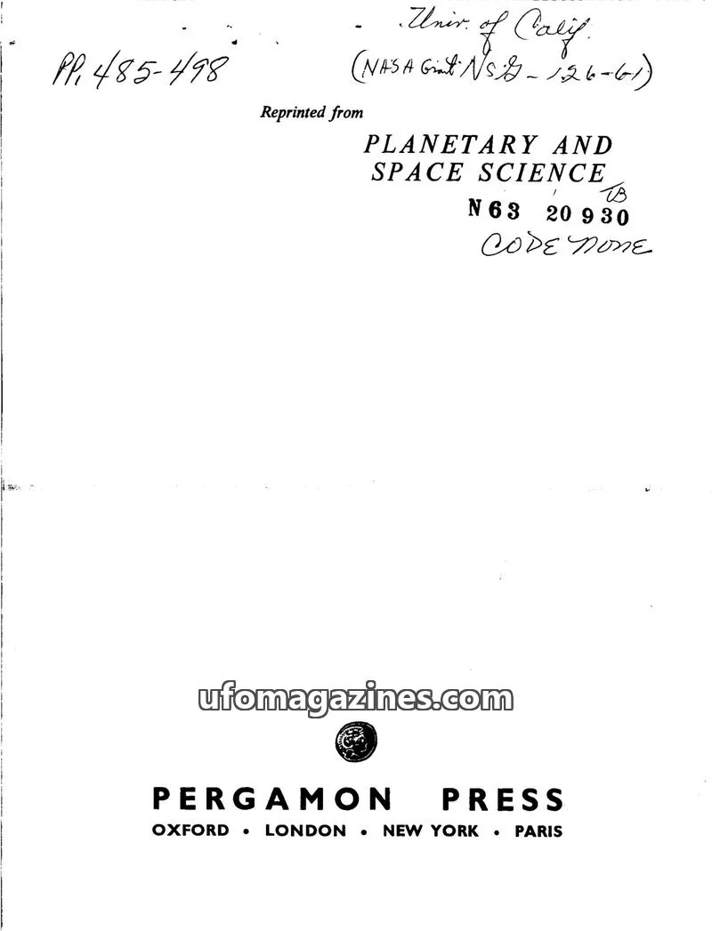 Cover of PERGAMON PRESS issue N63 20 930: PLANETARY AND SPACE SCIENCE