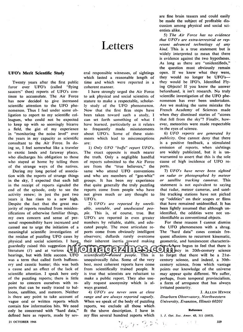 Cover of Scientific Journal Articles issue 21 October 1966: Letters