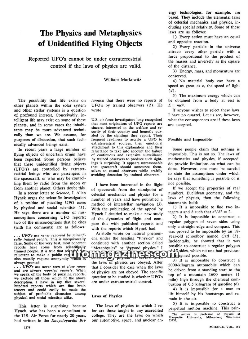 Cover of AAAS issue SCIENCE, VOL. 157: The Physics and Metaphysics of Unidentified Flying Objects