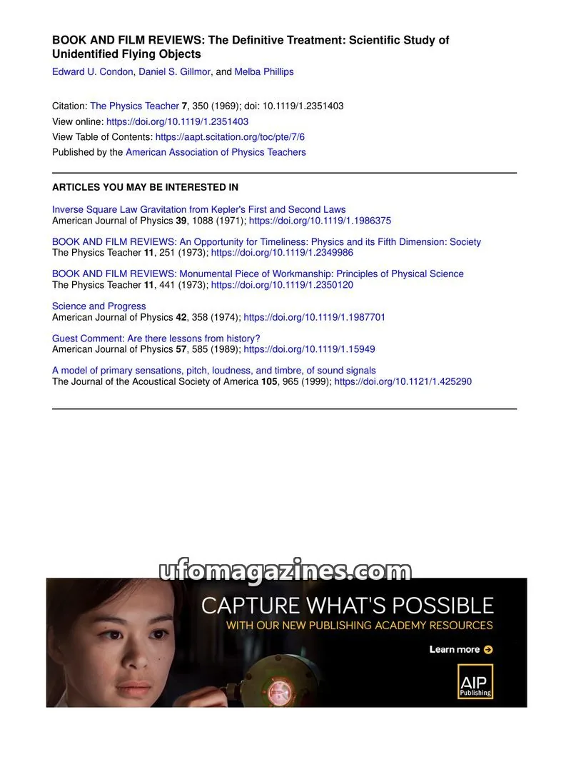 Cover of American Association of Physics Teachers issue 6: BOOK AND FILM REVIEWS: The Definitive Treatment: Scientific Study of Unidentified Flying Objects