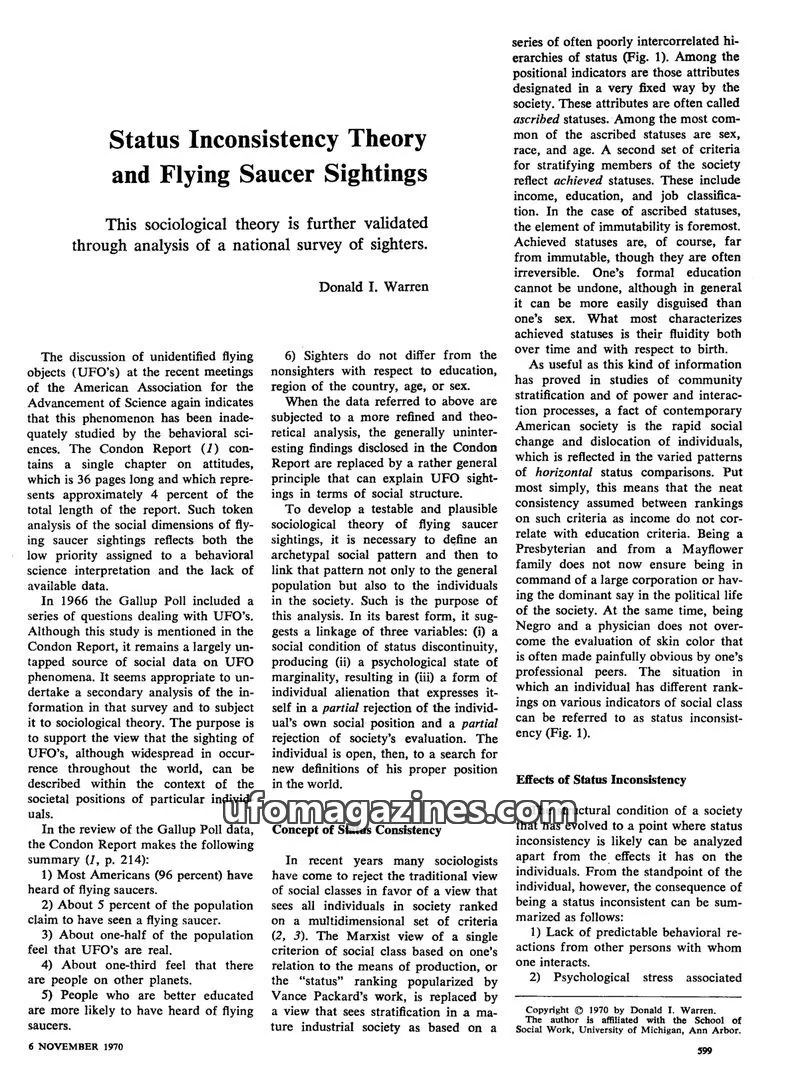 Cover of American Association for the Advancement of Science issue 6 NOVEMBER 1970: Status Inconsistency Theory and Flying Saucer Sightings