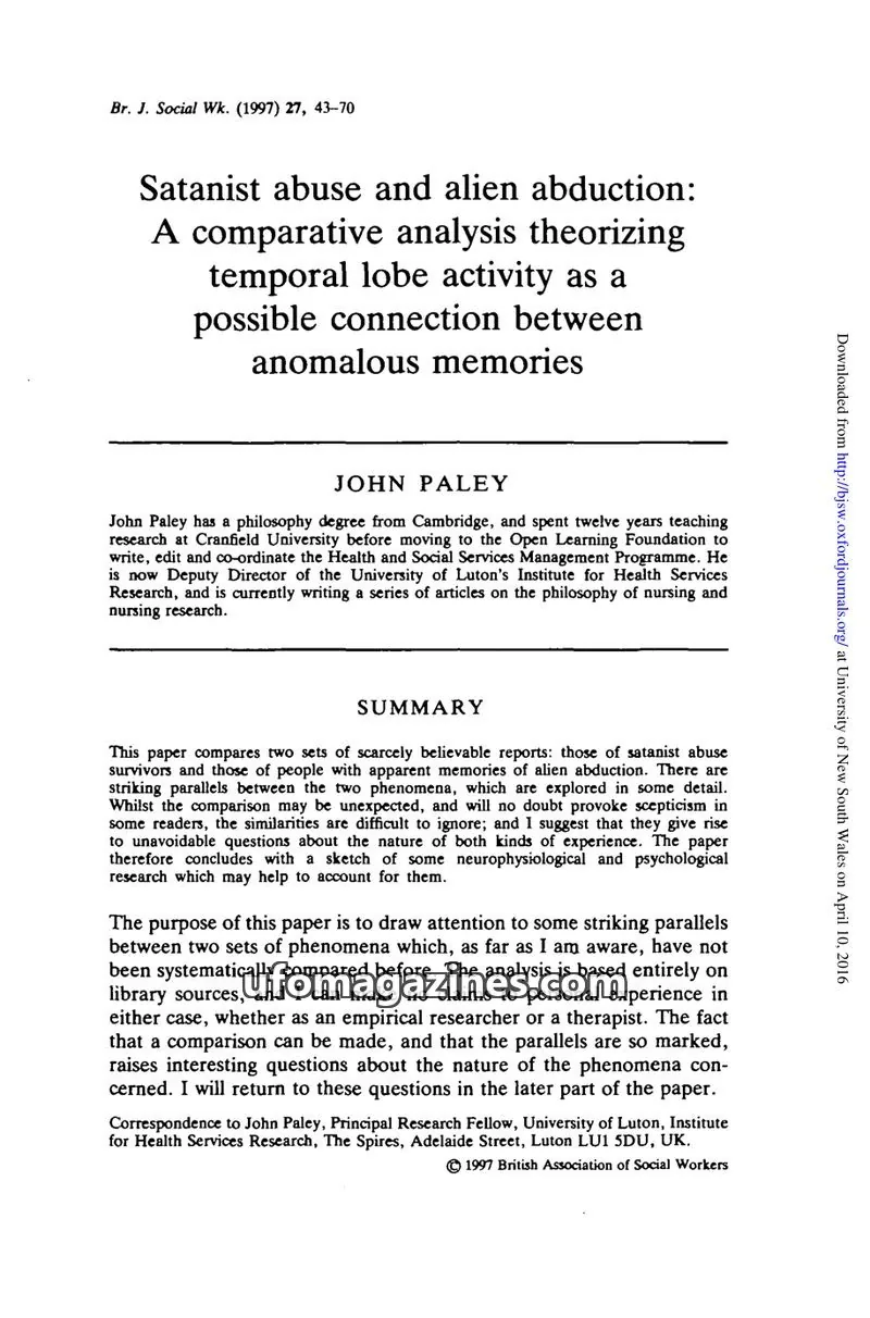 Cover of British Association of Social Workers issue 27: Satanist abuse and alien abduction: A comparative analysis theorizing temporal lobe activity as a possible connection between anomalous memories