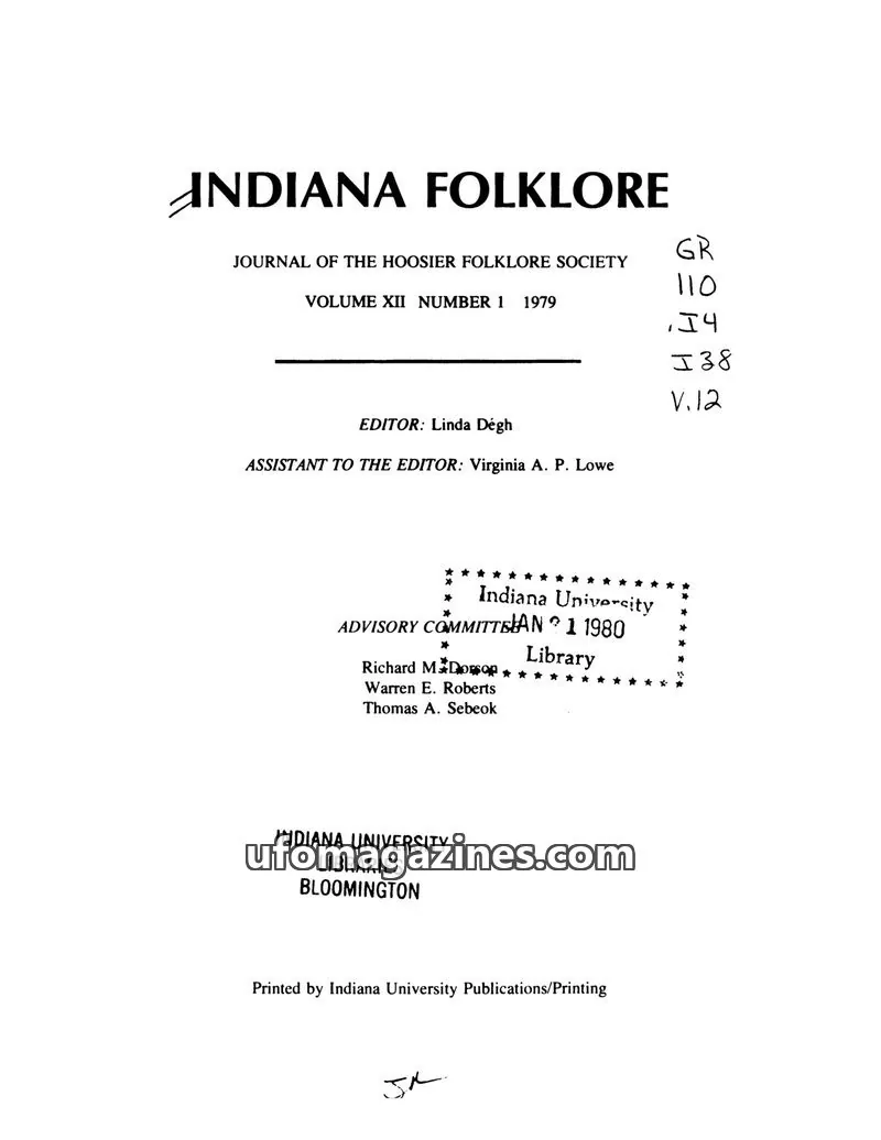 Cover of Indiana University Publications/Printing issue 1: INDIANA FOLKLORE