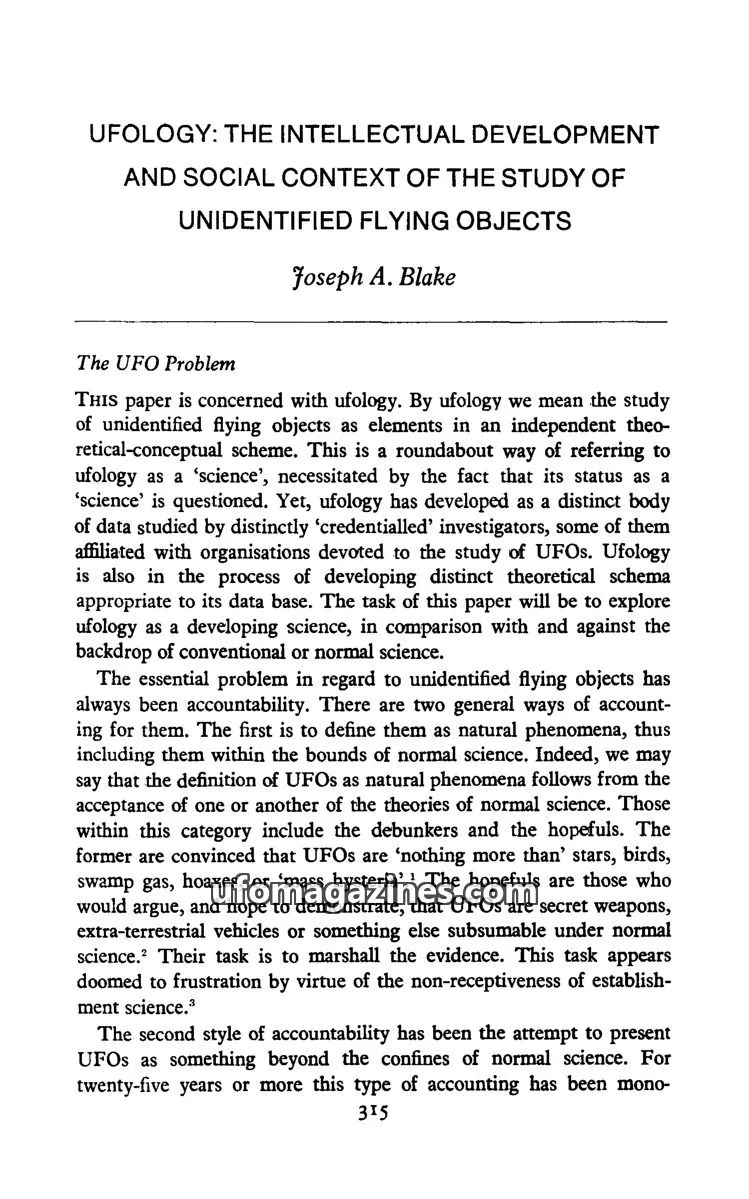 Cover of Scientific Journal Articles: UFOLOGY: THE INTELLECTUAL DEVELOPMENT AND SOCIAL CONTEXT OF THE STUDY OF UNIDENTIFIED FLYING OBJECTS