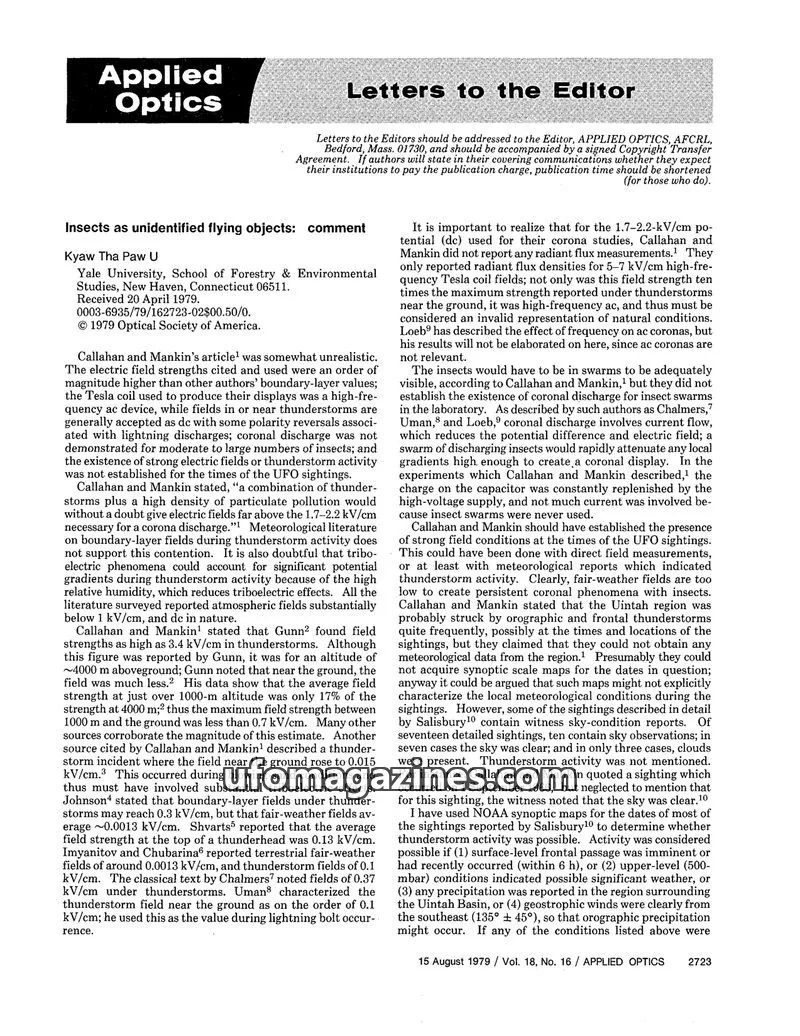 Cover of Optical Society of America issue Vol. 18, No. 16: Applied Optics