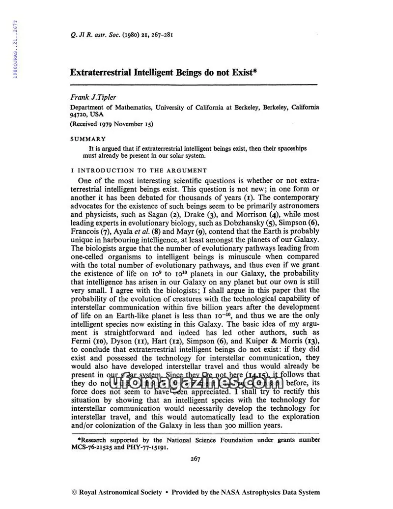 Cover of Royal Astronomical Society issue 3: Extraterrestrial Intelligent Beings do not Exist*