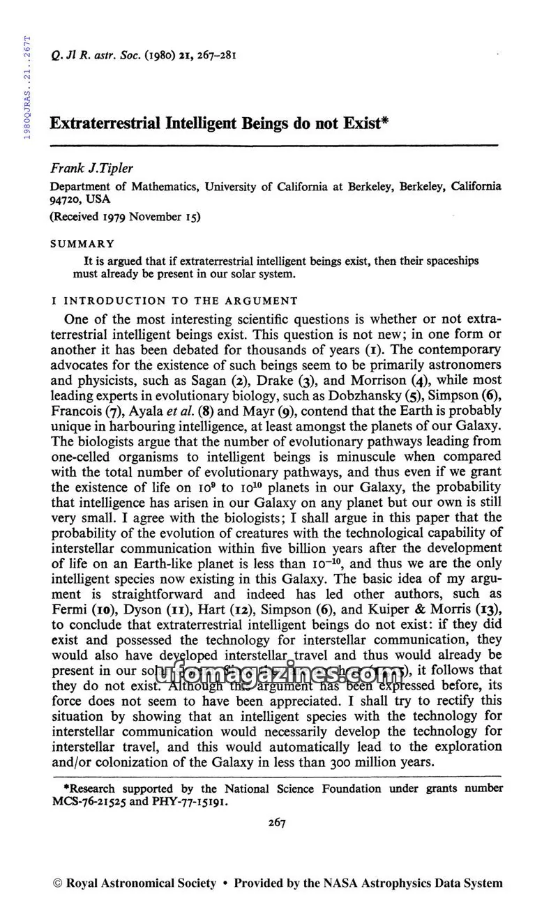 Cover of Royal Astronomical Society issue 3: Extraterrestrial Intelligent Beings do not Exist*
