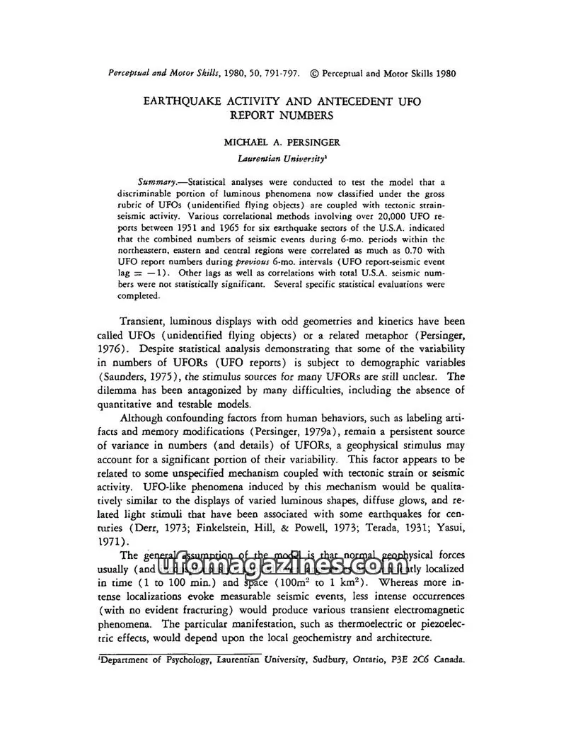 Cover of Scientific Journal Articles issue 50: EARTHQUAKE ACTIVITY AND ANTECEDENT UFO REPORT NUMBERS