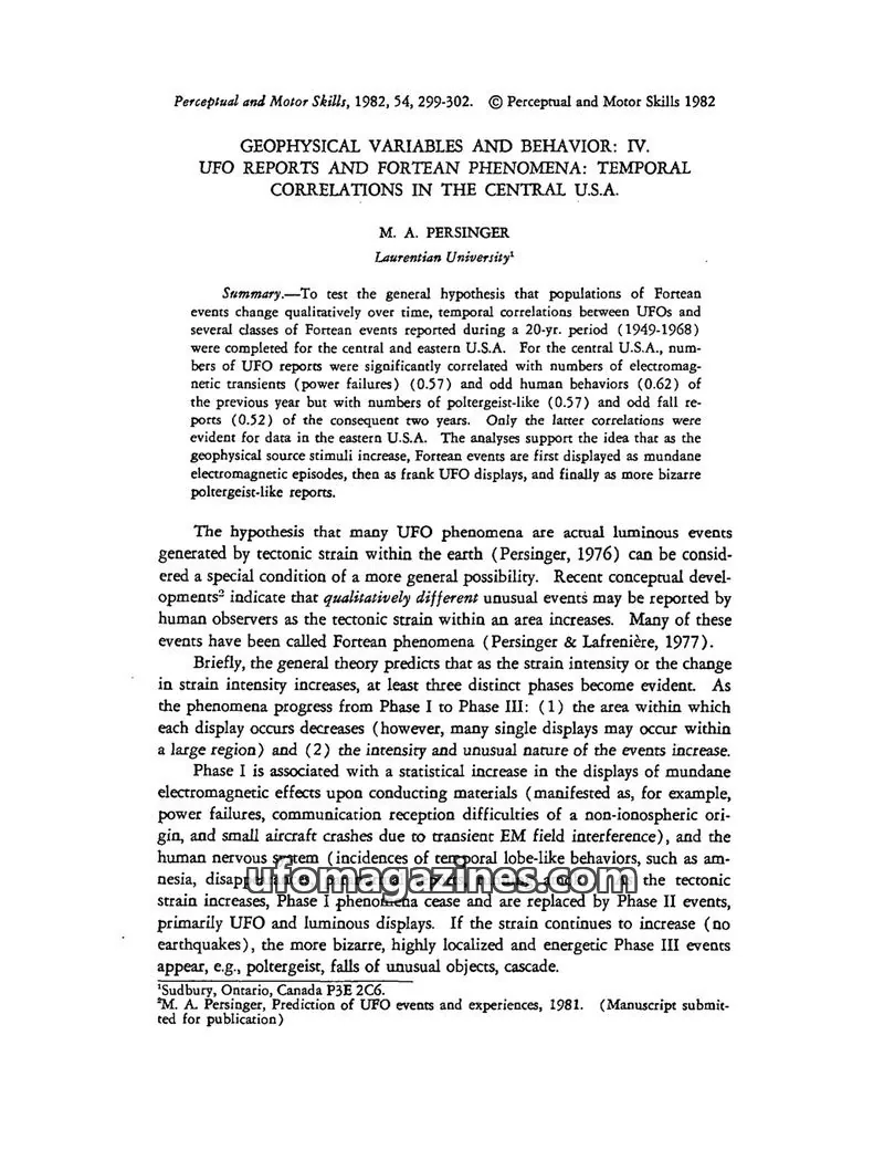 Cover of Scientific Journal Articles issue 54: GEOPHYSICAL VARIABLES AND BEHAVIOR: IV. UFO REPORTS AND FORTEAN PHENOMENA: TEMPORAL CORRELATIONS IN THE CENTRAL U.S.A.