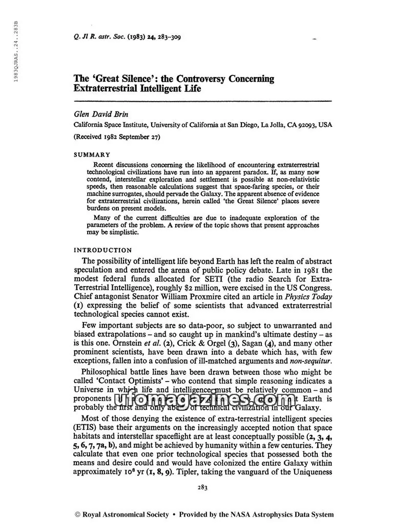 Cover of Royal Astronomical Society issue No. 3: The 'Great Silence': the Controversy Concerning Extraterrestrial Intelligent Life