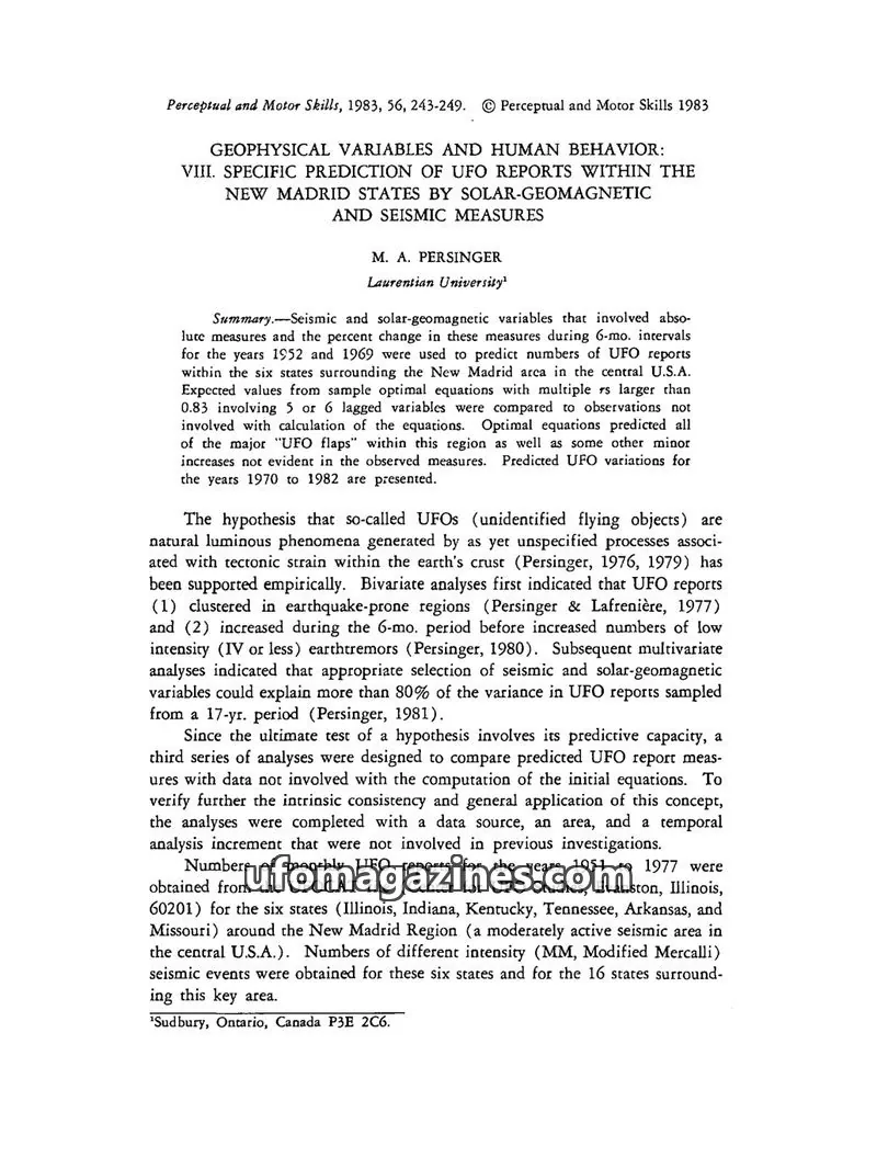 Cover of Scientific Journal Articles issue 56: GEOPHYSICAL VARIABLES AND HUMAN BEHAVIOR: VIII. SPECIFIC PREDICTION OF UFO REPORTS WITHIN THE NEW MADRID STATES BY SOLAR-GEOMAGNETIC AND SEISMIC MEASURES