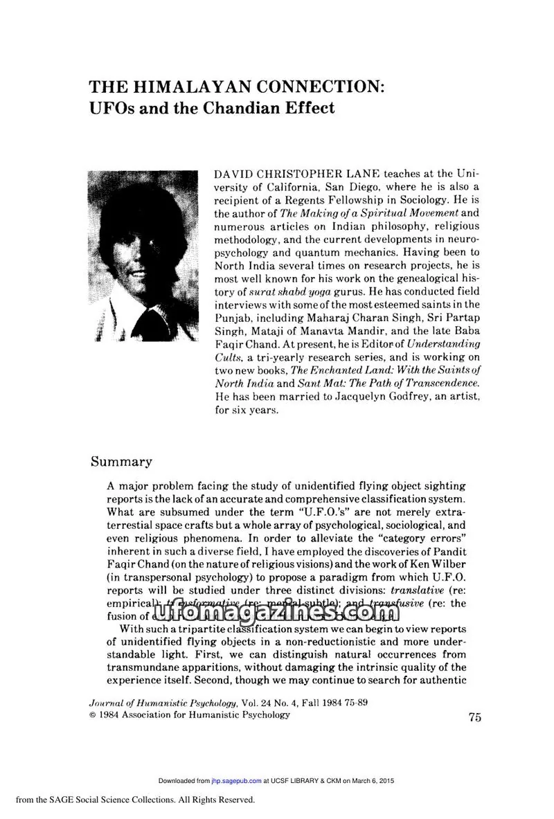 Cover of Association for Humanistic Psychology issue Vol. 24 No. 4: THE HIMALAYAN CONNECTION: UFOs and the Chandian Effect