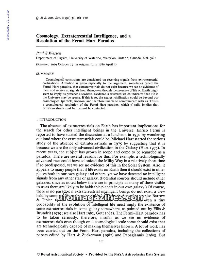 Cover of Royal Astronomical Society issue 2: Cosmology, Extraterrestrial Intelligence, and a Resolution of the Fermi-Hart Paradox