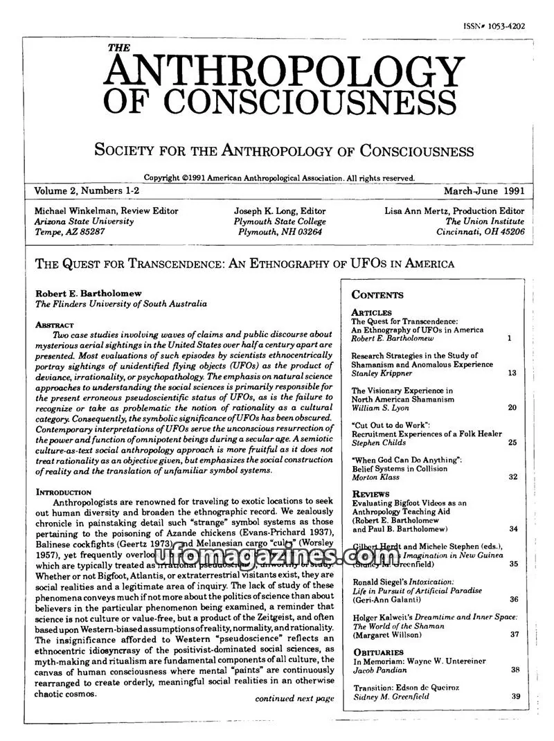 Cover of SOCIETY FOR THE ANTHROPOLOGY OF CONSCIOUSNESS issue 2, Numbers 1-2: THE ANTHROPOLOGY OF CONSCIOUSNESS