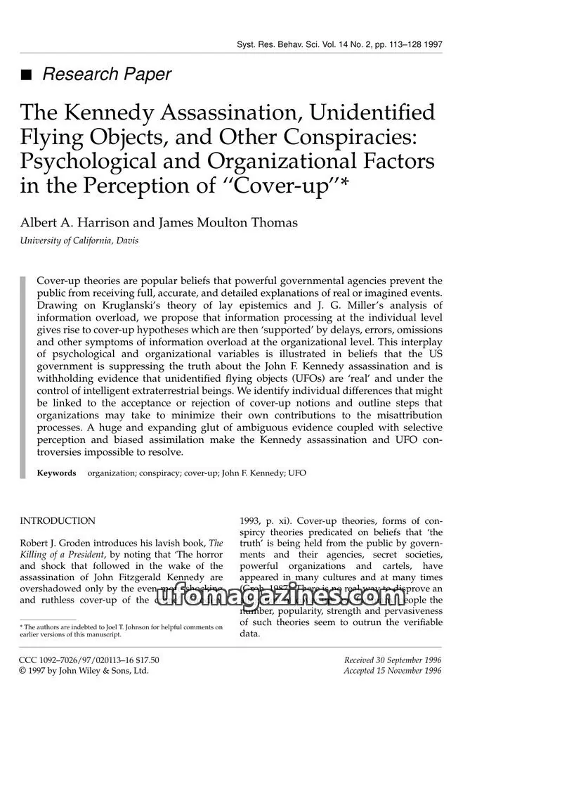 Cover of Scientific Journal Articles issue 2: The Kennedy Assassination, Unidentified Flying Objects, and Other Conspiracies: Psychological and Organizational Factors in the Perception of "Cover-up"