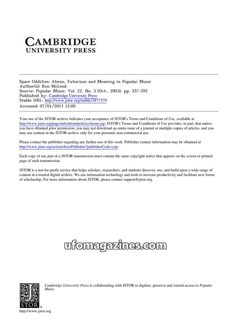 Cover of 2003 00 00 Popular Music - V 22 I 3 - Space Oddities, Aliens Futurism and Meaning in Popular Music - McLeod