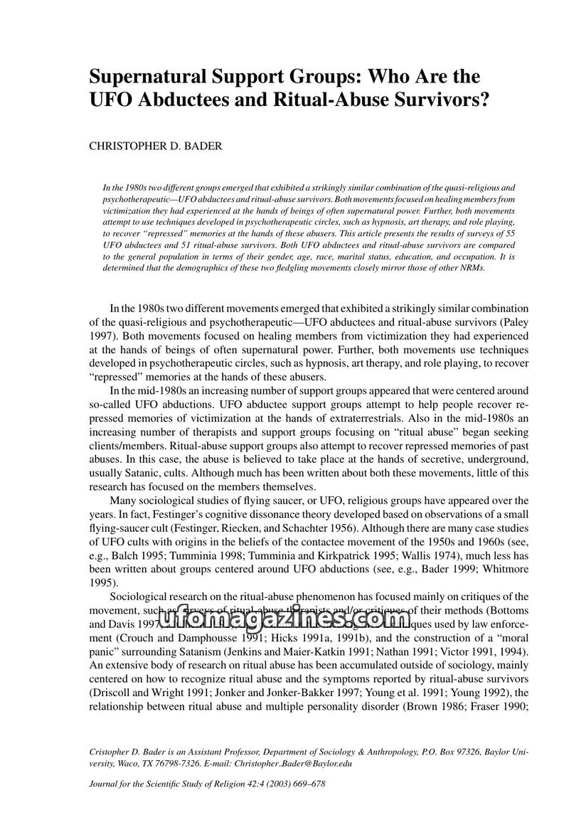 Cover of Scientific Journal Articles issue 42:4: Supernatural Support Groups: Who Are the UFO Abductees and Ritual-Abuse Survivors?