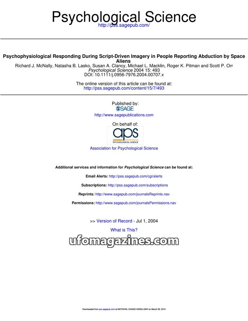 Cover of 2004 00 00 Psychological Science - Vol 15 No 7 - Richard McNally