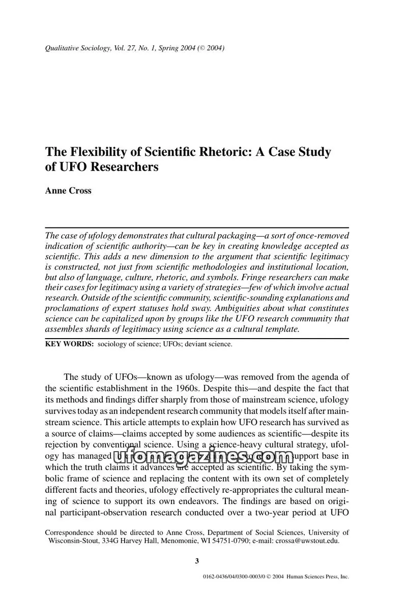 Cover of Human Sciences Press, Inc. issue 1: The Flexibility of Scientific Rhetoric: A Case Study of UFO Researchers