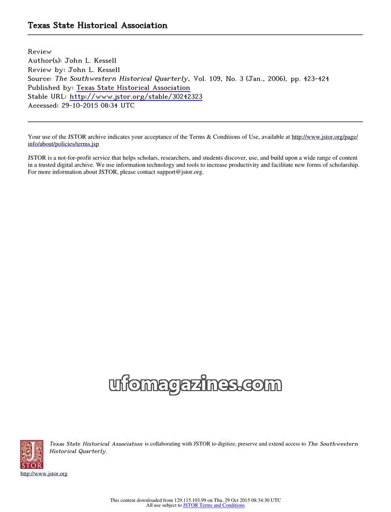 Cover of 2006 04 00 Southwestern Historical Quarterly - Vol 109 No 3 - Kessell