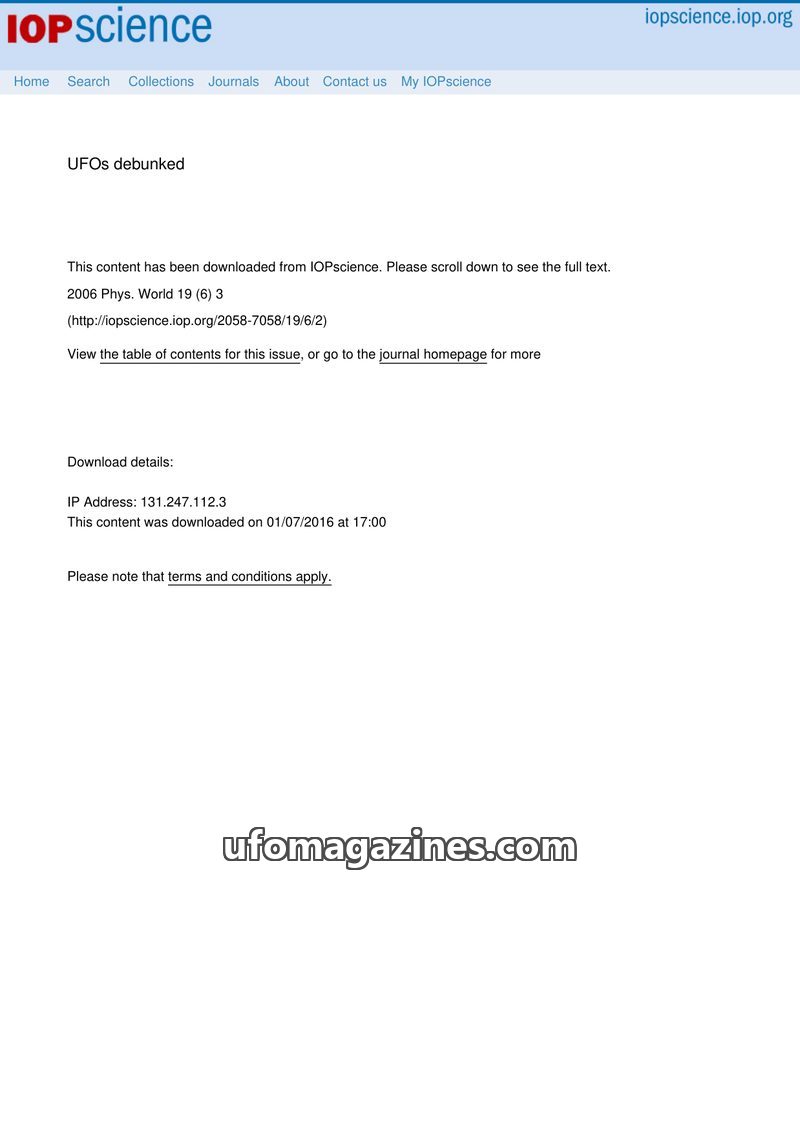 Cover of 2006 06 00 Physics World - Vol 19 No 6 - UFOs debunked