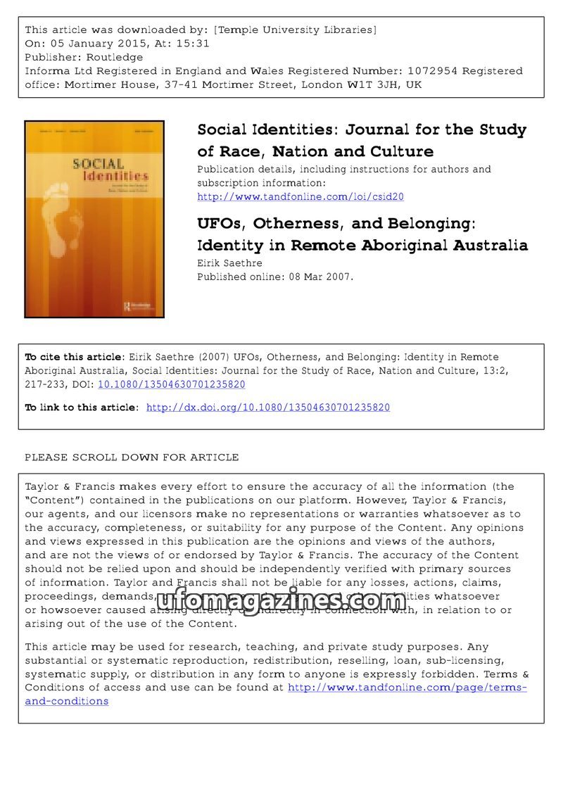 Cover of 2007 03 08 Social Identities - Vol 13 No 2 - Saethre