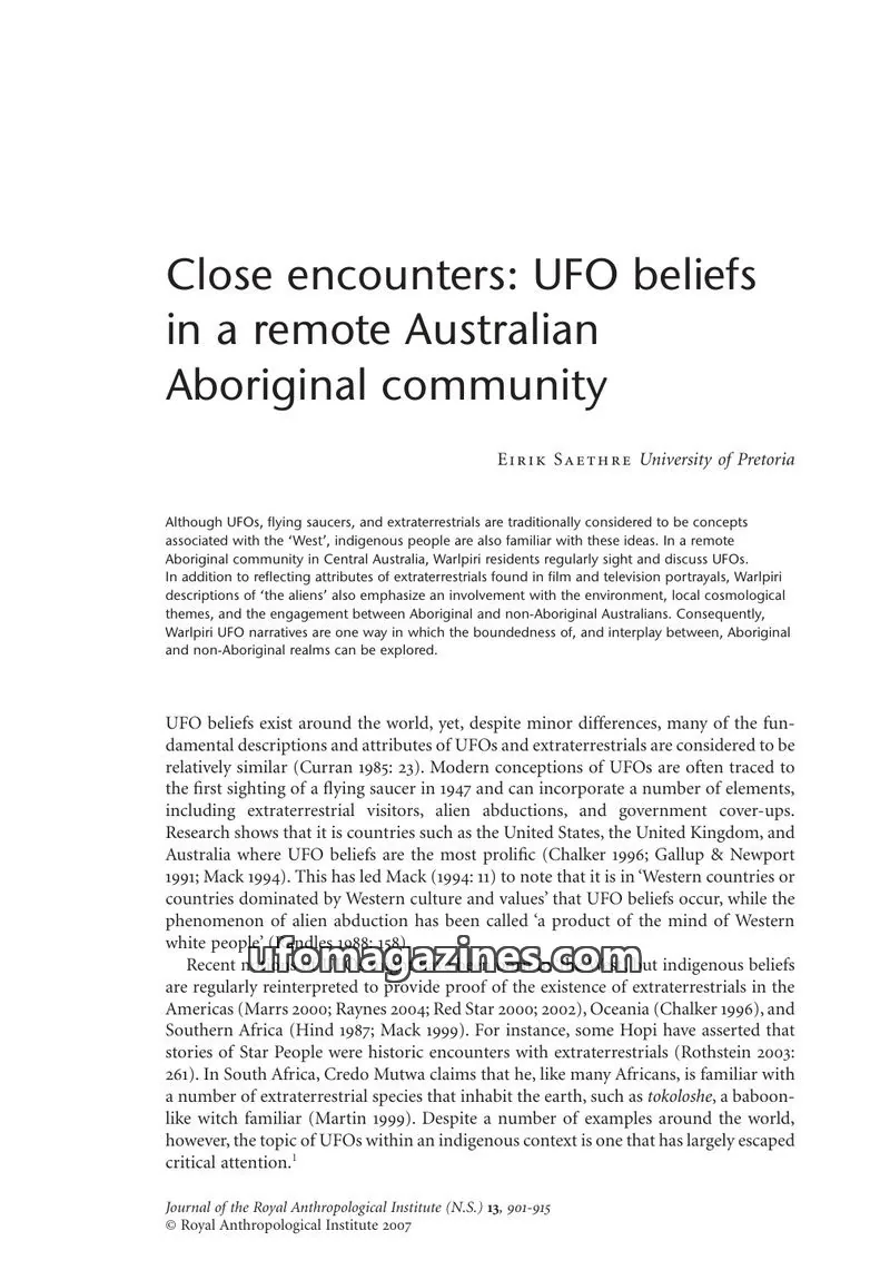 Cover of Royal Anthropological Institute issue 13: Close encounters: UFO beliefs in a remote Australian Aboriginal community