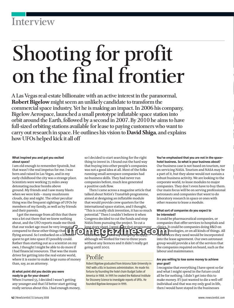 Cover of 2008 01 00 New Scientist - Vol 197 No 2638 - Robert Bigelow Interview - From UFOs to space stations