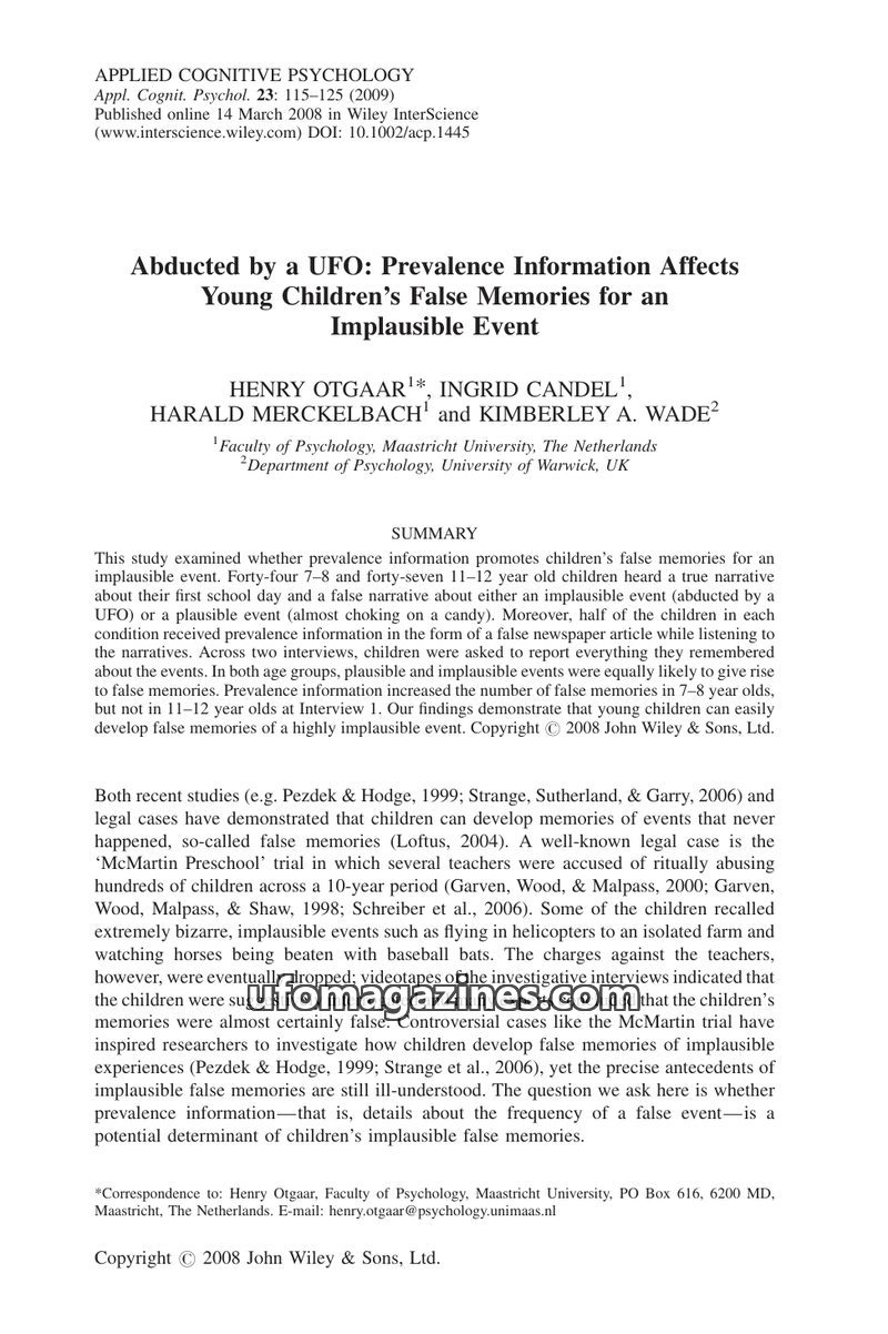 Cover of 2009 01 00 Applied Cognitive Psychology - Vol 23 No 1 - Otgaar