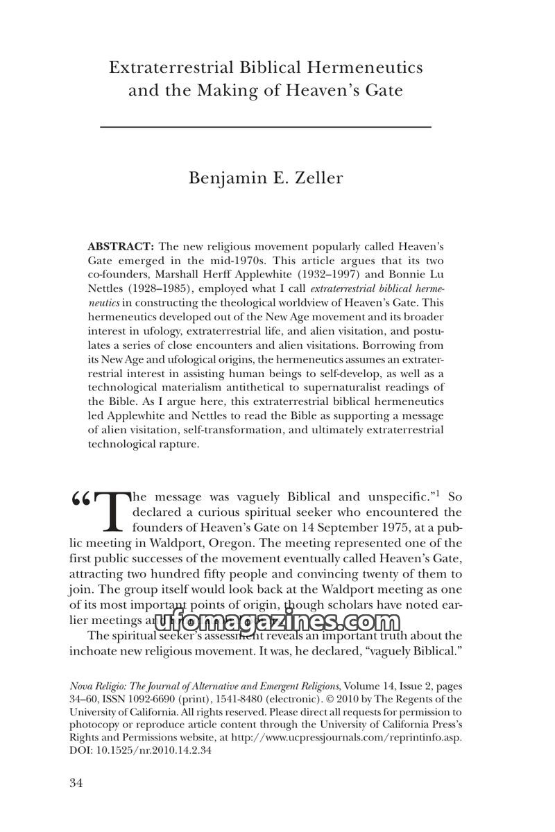 Cover of 2010 00 00 Nova Religio - V 14, I 2 - Extraterrestrial Biblical Hermeneutics and the Making of Heavens Gate - Zeller