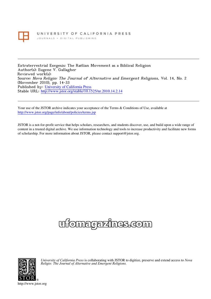 Cover of 2010 00 00 Nova Religio - V 14, I 2 - Extraterrestrial Exegesis, The Raelian Movement as a Biblical Religion - Gallagher