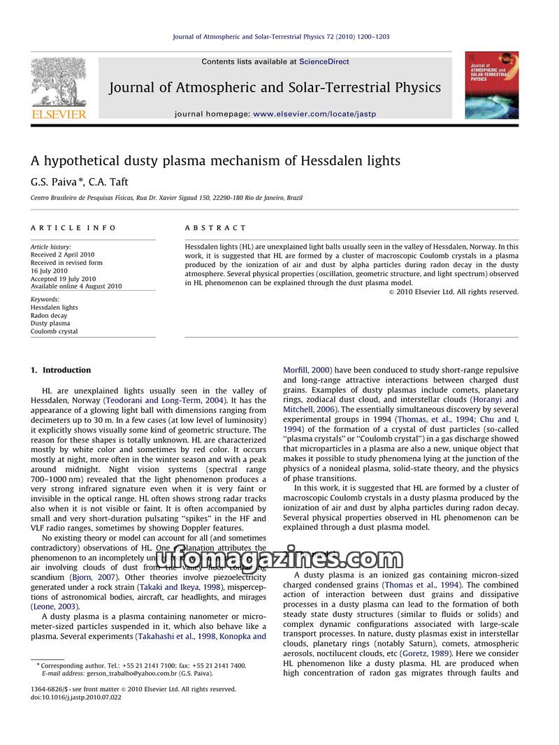 Cover of 2010 10 00 Journal of Atmospheric and Solar-Terrestrial Physics - Vol 72 No 16 - Paiva - Hessdalen