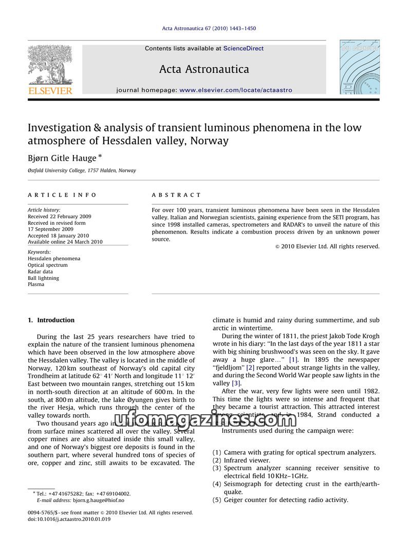Cover of 2010 12 00 Acta Astronautica - Vol 67 No 11-12 - Hauge - Hessdalen