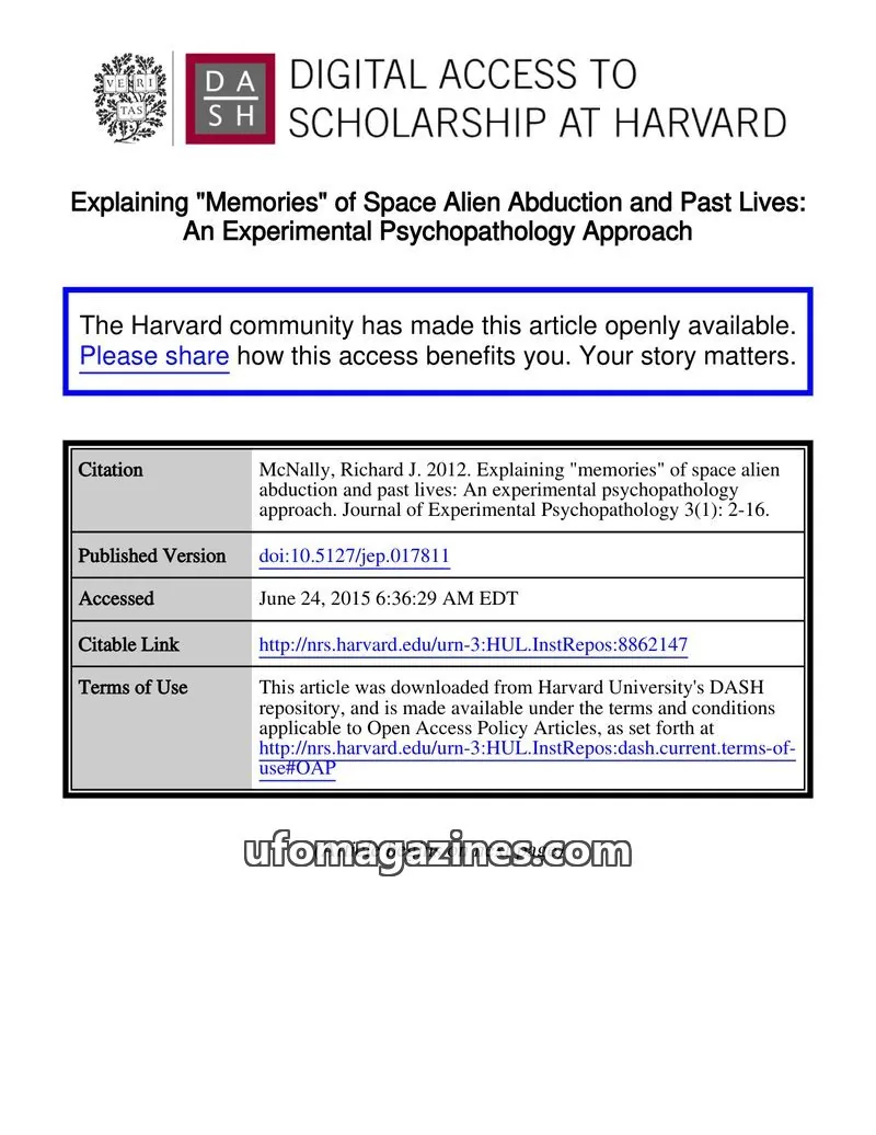 Cover of Scientific Journal Articles issue 3(1): Explaining "Memories" of Space Alien Abduction and Past Lives: An Experimental Psychopathology Approach