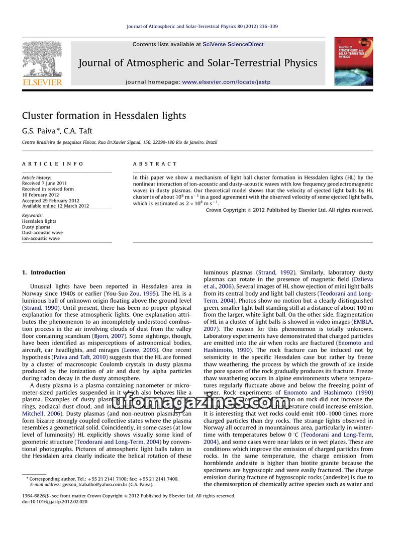 Cover of 2012 05 00 Journal of Atmospheric and Solar-Terrestrial Physics - Vol 80 - Paiva - Hessdalen