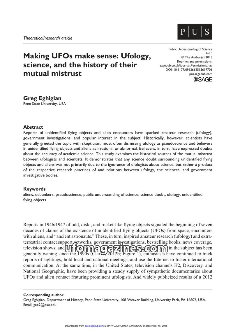 Cover of SAGE issue 1-15: Making UFOs make sense: Ufology, science, and the history of their mutual mistrust