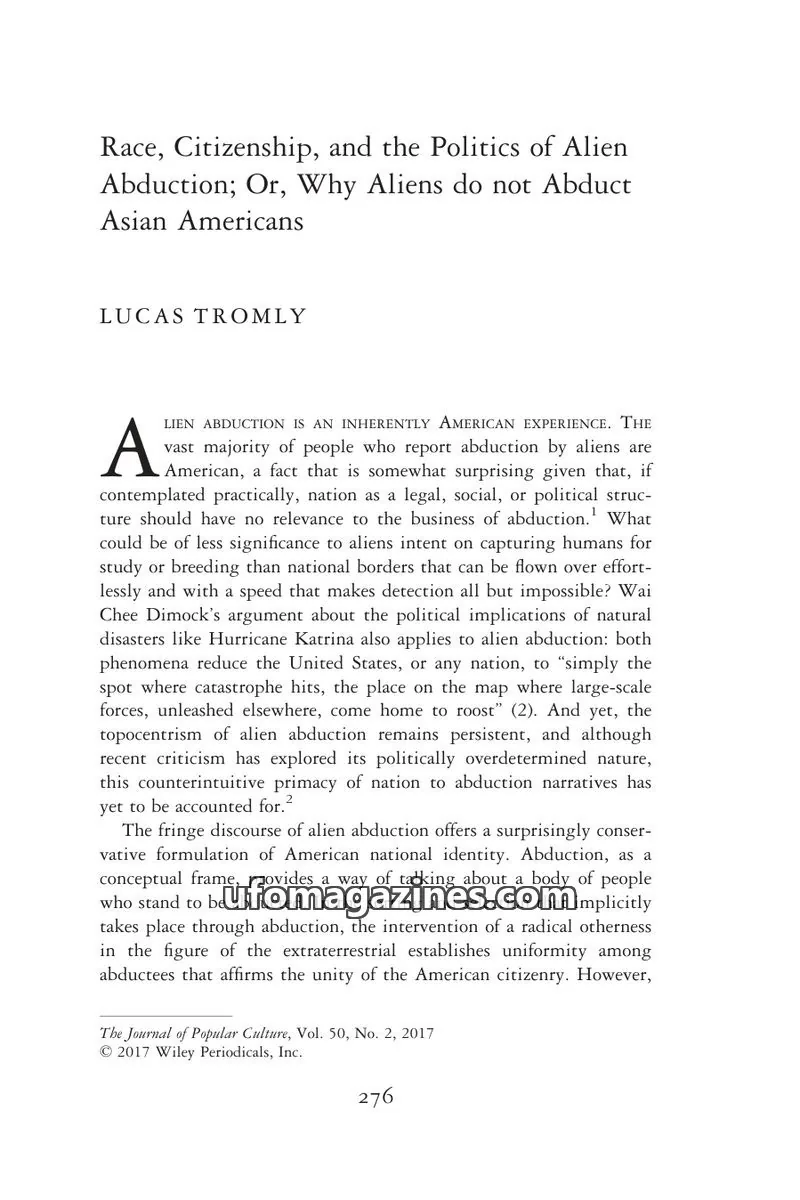 Cover of Scientific Journal Articles issue 2: Race, Citizenship, and the Politics of Alien Abduction; Or, Why Aliens do not Abduct Asian Americans
