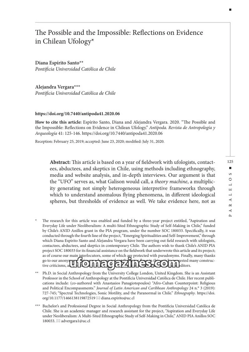 Cover of Scientific Journal Articles issue 41: The Possible and the Impossible: Reflections on Evidence in Chilean Ufology