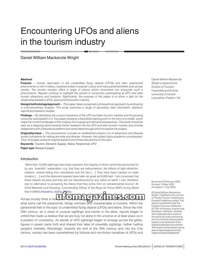 Cover of Emerald Publishing Limited issue JTF-02-2020-0030: Encountering UFOs and aliens in the tourism industry