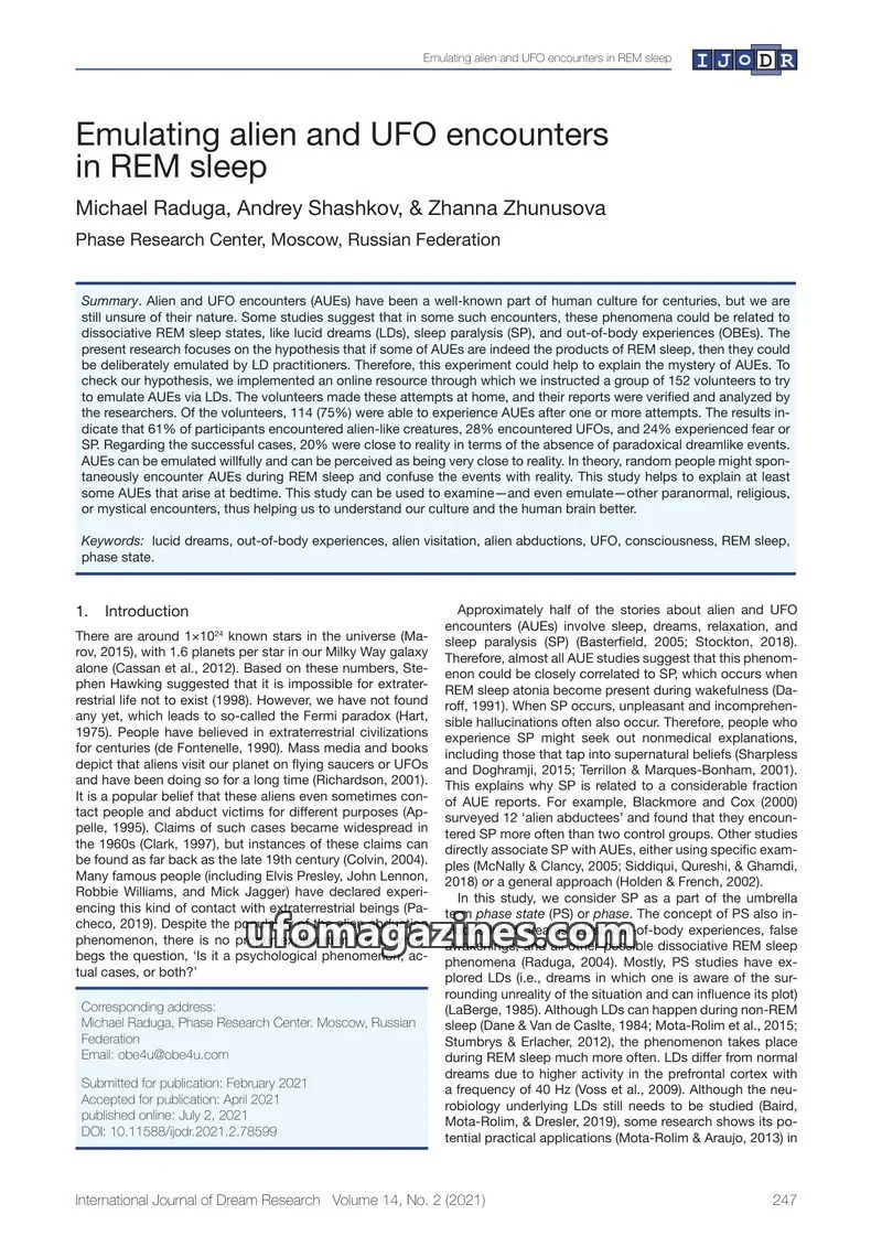 Cover of Scientific Journal Articles issue 2: Emulating alien and UFO encounters in REM sleep