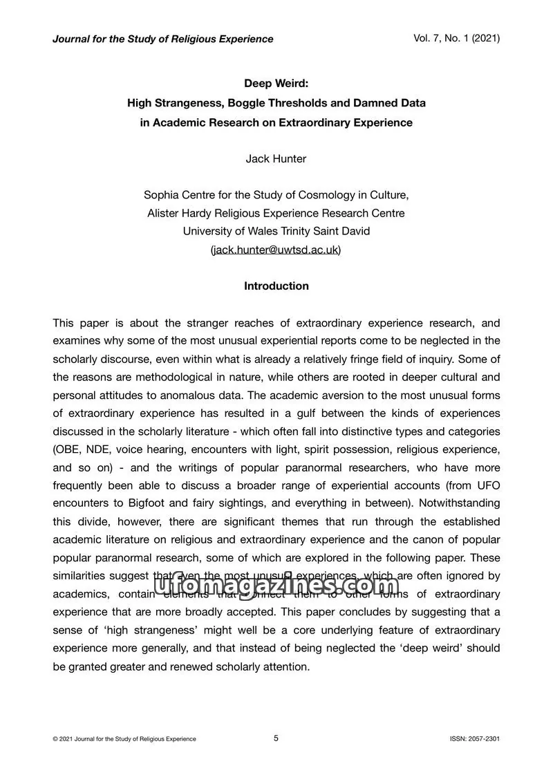 Cover of Scientific Journal Articles issue No. 1: Journal for the Study of Religious Experience