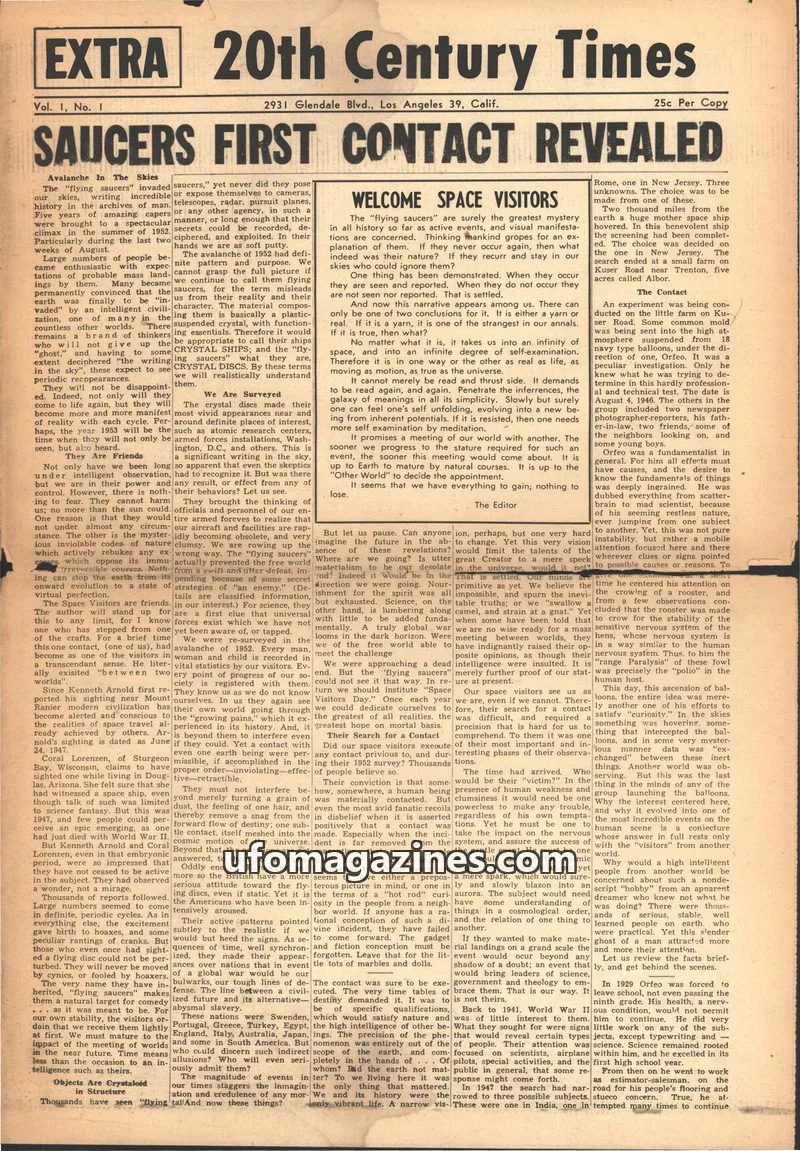 Cover of 20th Century Times (Orfeo Angelucci) issue Vol. 1, No. 1: EXTRA 20th Century Times