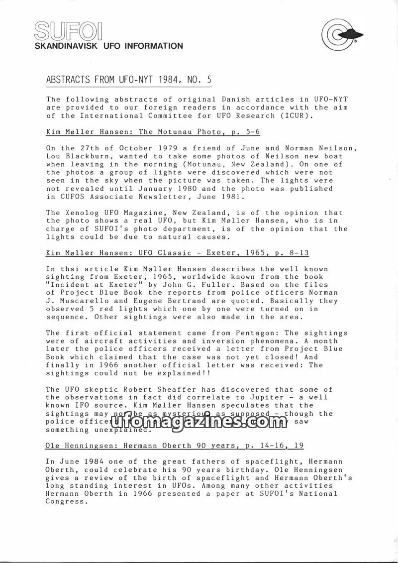 Cover of Abstracts from UFO Nyt (in English) issue 1984, NO. 5: SUFOI SKANDINAVISK UFO INFORMATION