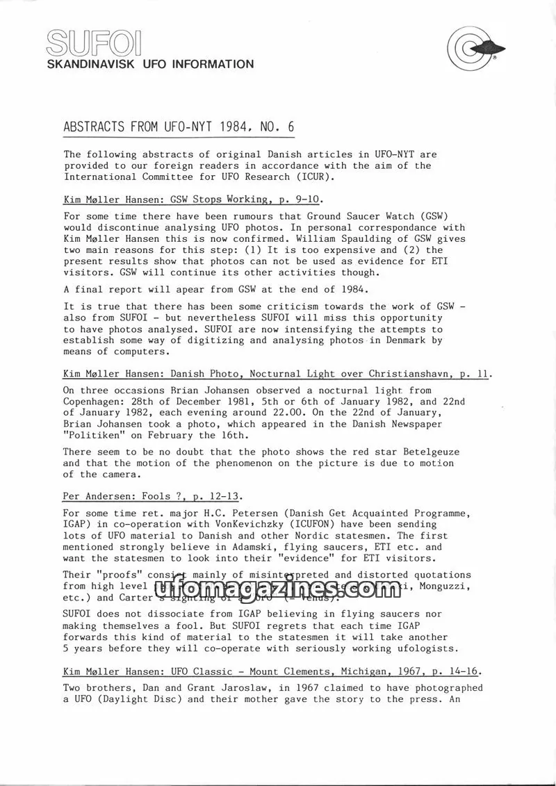 Cover of SUFOI issue 1984, NO. 6: SUFOI SKANDINAVISK UFO INFORMATION