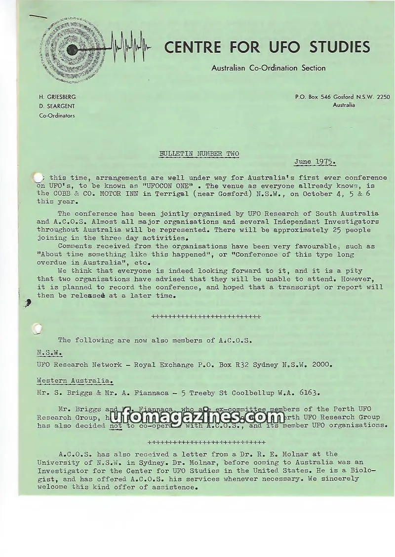 Cover of ACOS Bulletin new issue BULLETIN NUMBER TWO: CENTRE FOR UFO STUDIES