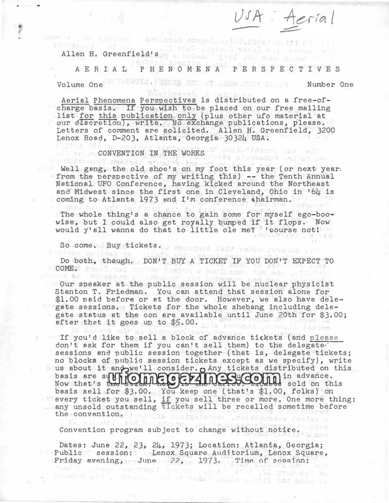 Cover of Aerial Phenomena Perspectives (Allen Greenfield) issue Number One: AERIAL PHENOMENA PERSPECTIVES