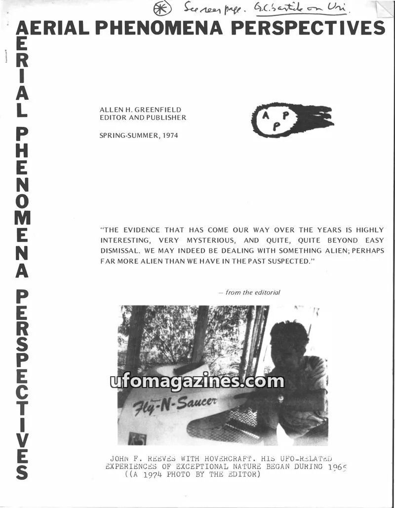Cover of Aerial Phenomena Perspectives (Allen Greenfield) issue Volume Two Number Two: AERIAL PHENOMENA PERSPECTIVES