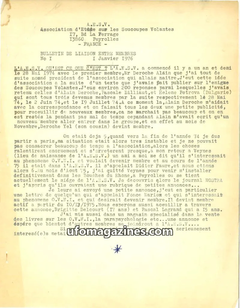 Cover of A.E.S.V. Association d'Etude sur les Soucoupes Volantes issue No I: BULLETIN DE LIAISON ENTRE MEMBRES