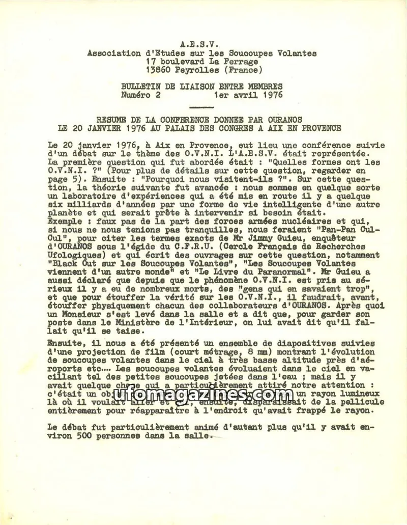 Cover of A.E.S.V. Association d'Etudes sur les Soucoupes Volantes issue Numéro 2: BULLETIN DE LIAISON ENTRE MEMBRES