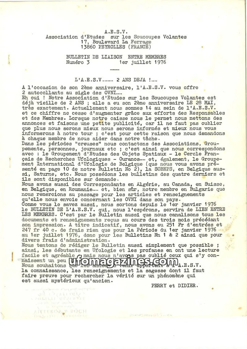 Cover of A.E.S.V. Association d'Etudes sur les Soucoupes Volantes issue Numéro 3: BULLETIN DE LIAISON ENTRE MEMBRES